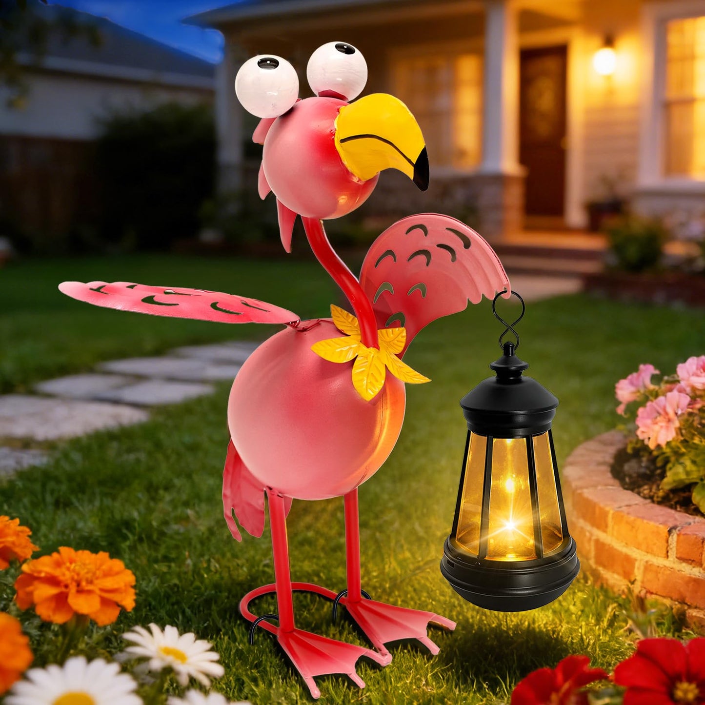 Solar Garden Lights Flamingo Statue with Solar Lantern, Flamingo Decor Fairy Accessories, Mothers Day Birthday Gifts for Women Mom Grandma, Big Metal Decorative Stakes for Home Patio Porch Yard Art
