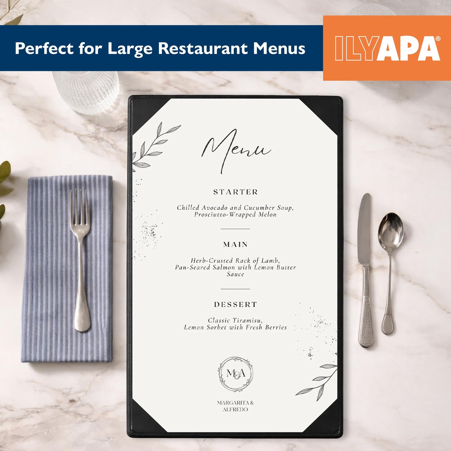 Ilyapa 5 Pack Restaurant Menu Covers 11 x 17 - Vinyl Leather Menu Holder, Single Sided Book with Corner Sleeves for Display of Wedding Menus, Weekly Kitchen Specials & Bar Drinks for Table Top
