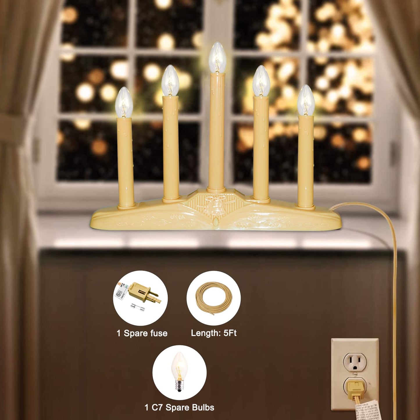 Oviejo 5 Light Window Candle Electric, Christmas Electric Candoliers with Ivory Plastic, Plug in Electric Window Candle Lamp with 6 Clear C7 Bulb (1 Spare Bulb), 5 Watt, Flameless Window Candles