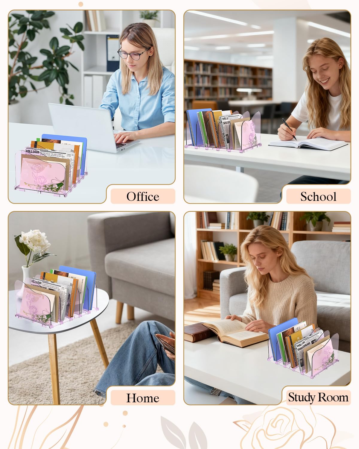 COWVTUJ Adjustable Rose File Organizer for Desk, Vertical File Folder Holders for Magazines, Upright Desktop Binder Organizer, Clear Paper Bookshelf Divider File Sorter for School Office Supplies