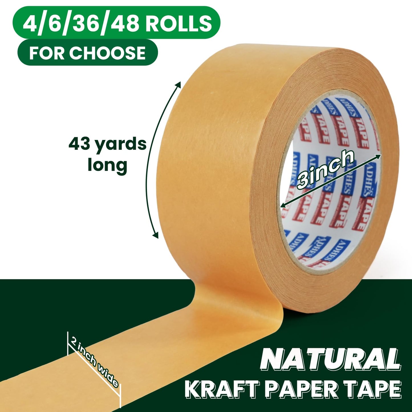 ADHES Kraft Paper Tape, 2 Inch x 44 Yards, 6 Rolls Writable & Uncoated Heavy Duty Paper Tape, Biodegradable Brown Packing Tape for Sealing, Packaging & Moving