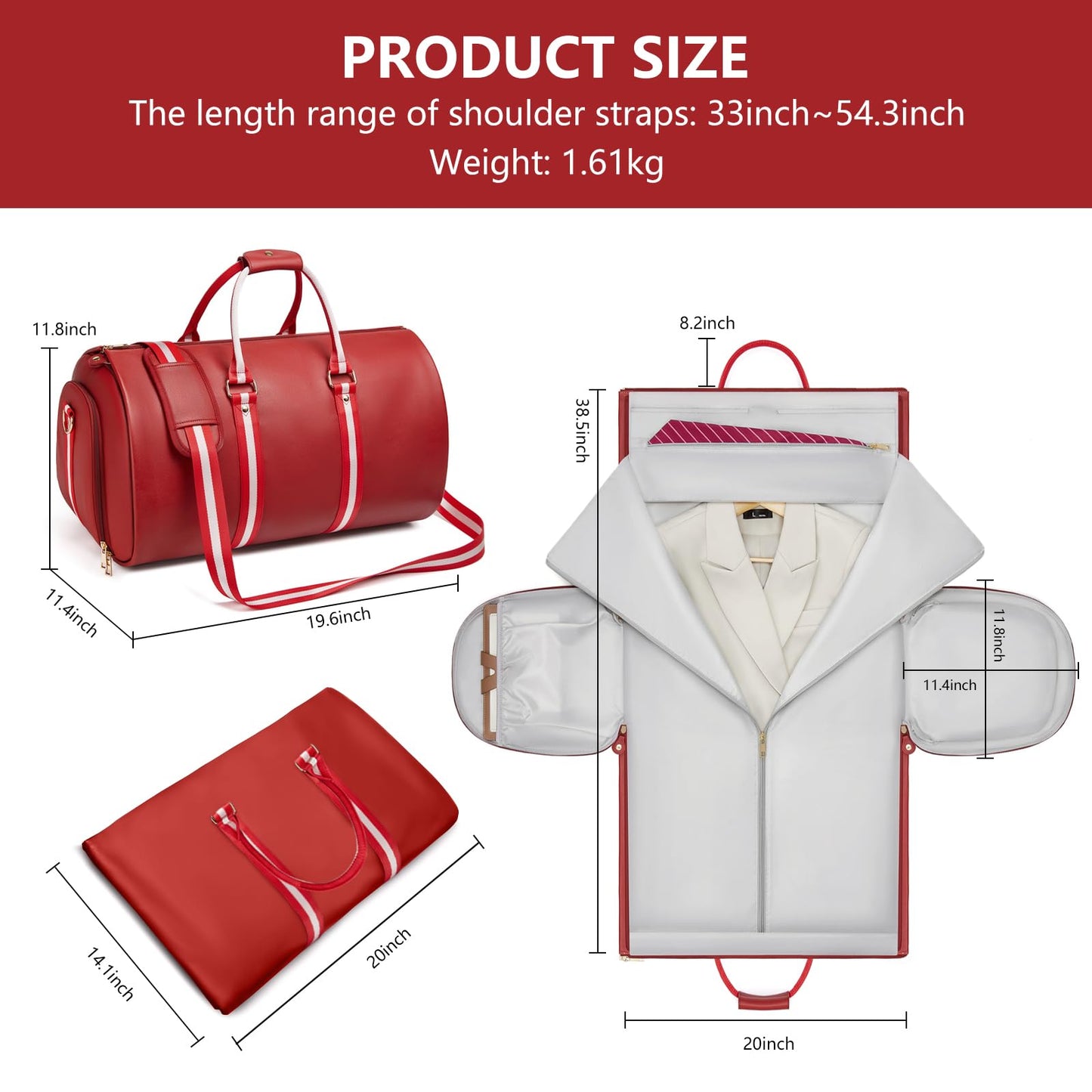 Leather Garment Bags for Travel, Convertible Carry on Garment Duffel Bag for Women, 2 in 1 Waterproof Foldable Travel Suit Bag with Shoulder Strap Weekender Bag with Shoe Pouch, Red