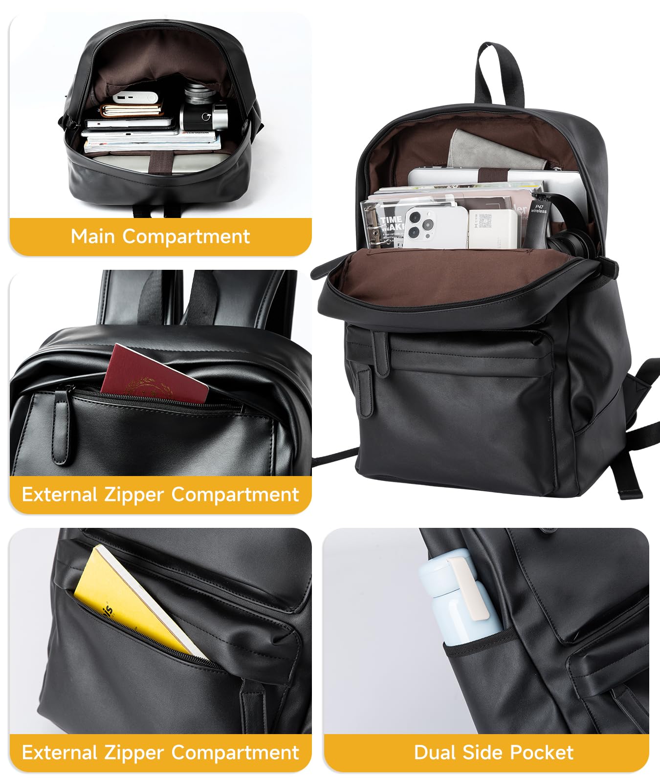 MOYYI Leather Laptop Backpack for Men Black Fit 15.6inch Laptop Backpack Simplify Rucksack Waterproof for Work Commute Casual Daypack