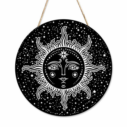Beabes Farmhouse Front Porch Decor Door Hanging Black White Sun Stars 12in Round Wooden Hanging Housewarming Home Decor Present