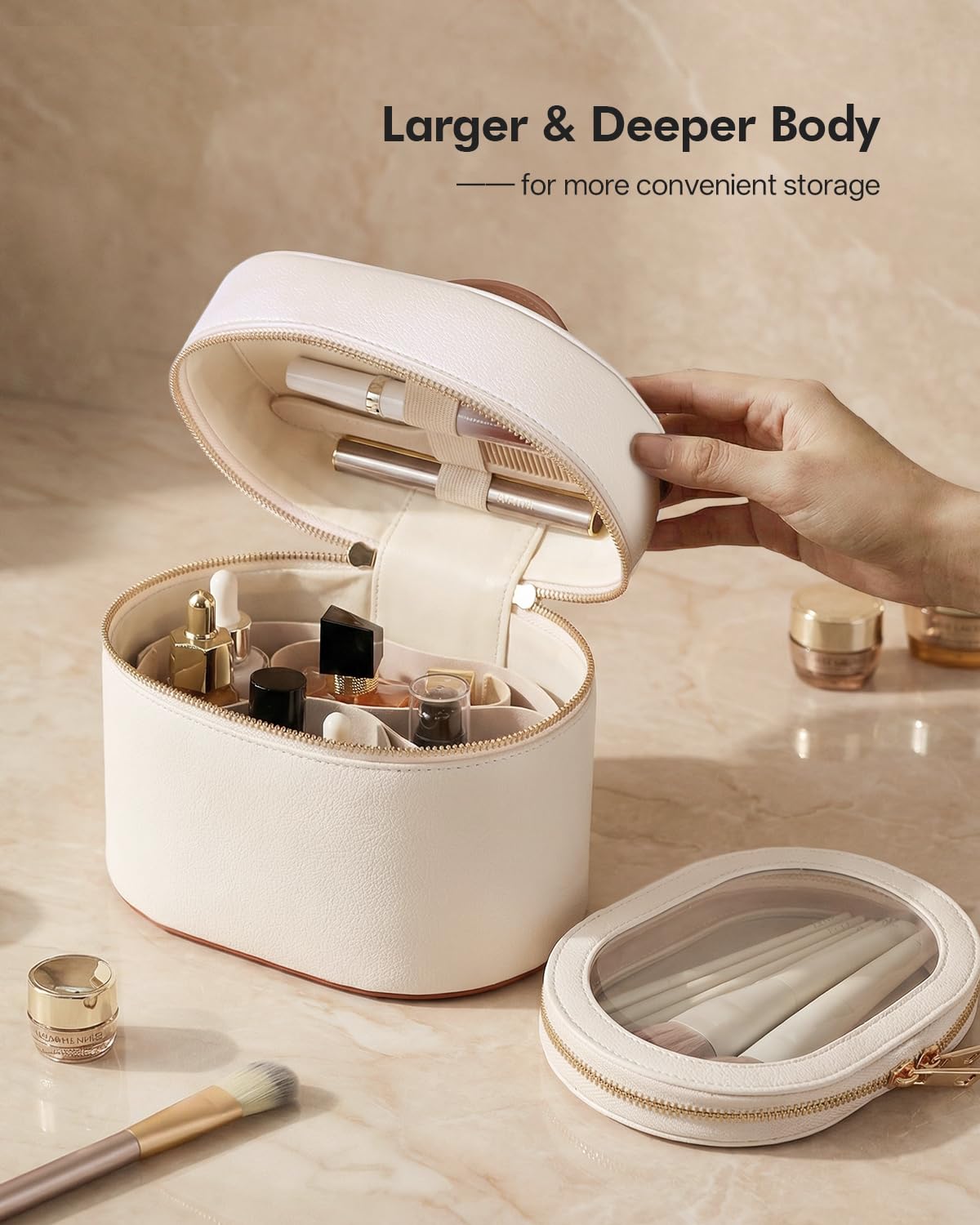 Prite Makeup Bag Travel Cosmetic Case with Clear Toiletry Pouch and Removable Divider, Vegan Leather Organizer for Women