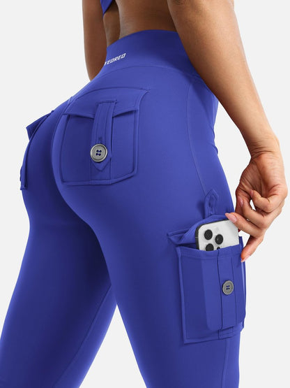 YEOREO CoreFlex Women Workout Flare Leggings with Pockets Hidden Scrunch High Waisted Cargo Gym Yoga Leggings Dazzling Blue S