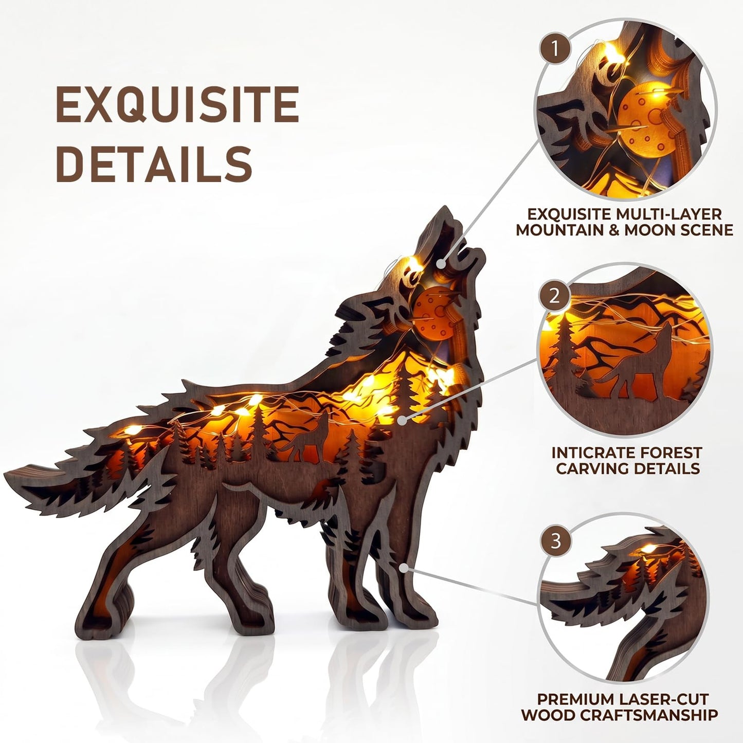 Drawelry 3D Wood Carving Animals Lamp Home Decorative, Cute Bear Family Elephant Presents Ideas Christmas Living Room Office Decor Warm LED Night Lights Gift for Friend Daughter Son Mom Dad (Wolf)