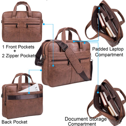seyfocnia Men's Leather Messenger Bag, 17.3 Inches Laptop Briefcase Business Satchel Computer Handbag Shoulder Bag for Men-Brown