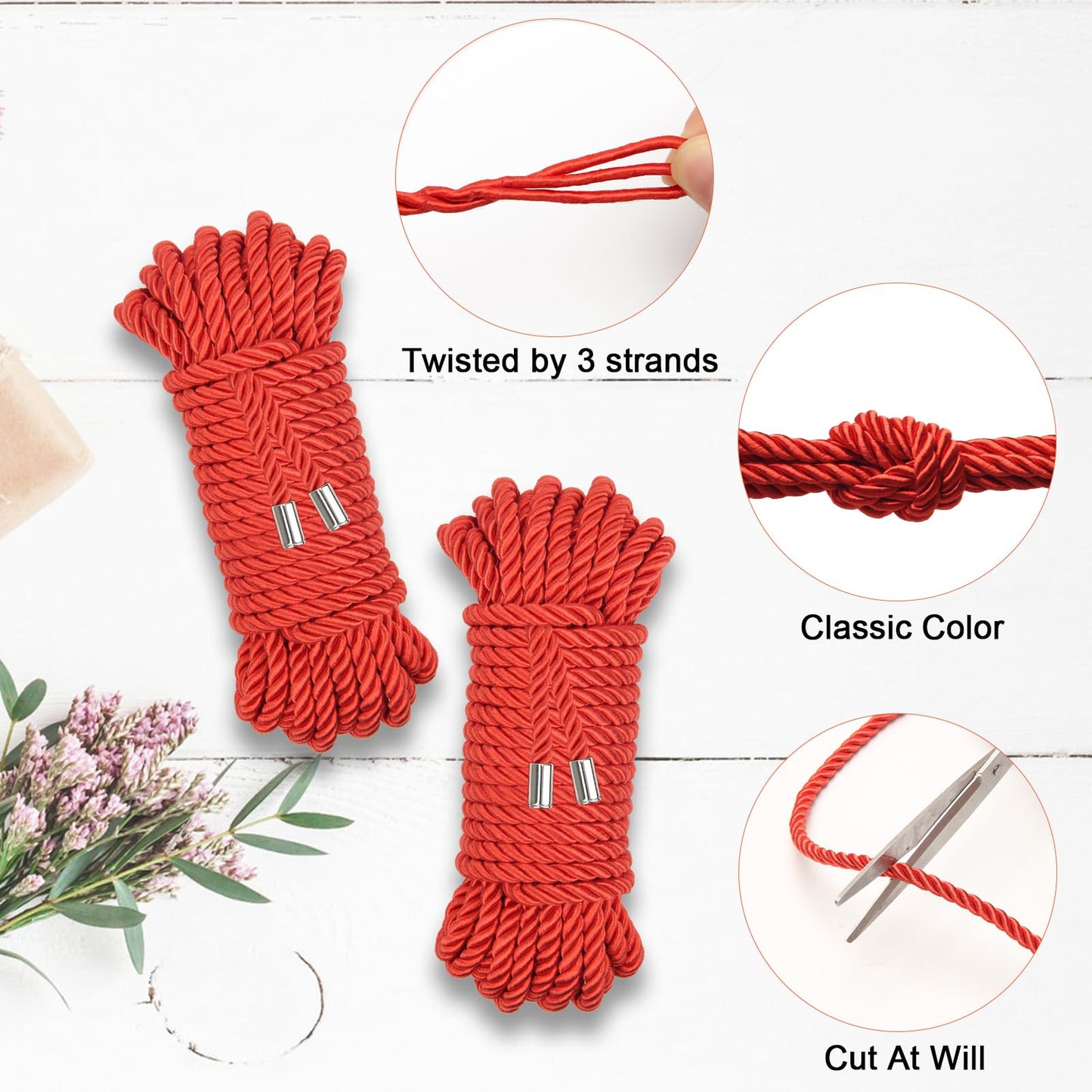 Coldairsoap Soft Silk Rope, Skin Friendly Twisted Trim Cord Rope (Red, 32ft)