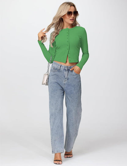 Womens Long Sleeve Tops Fall Lightweight Cardigan Cropped Going Out Shirts Ribbed Button Down Cute Trendy 2025