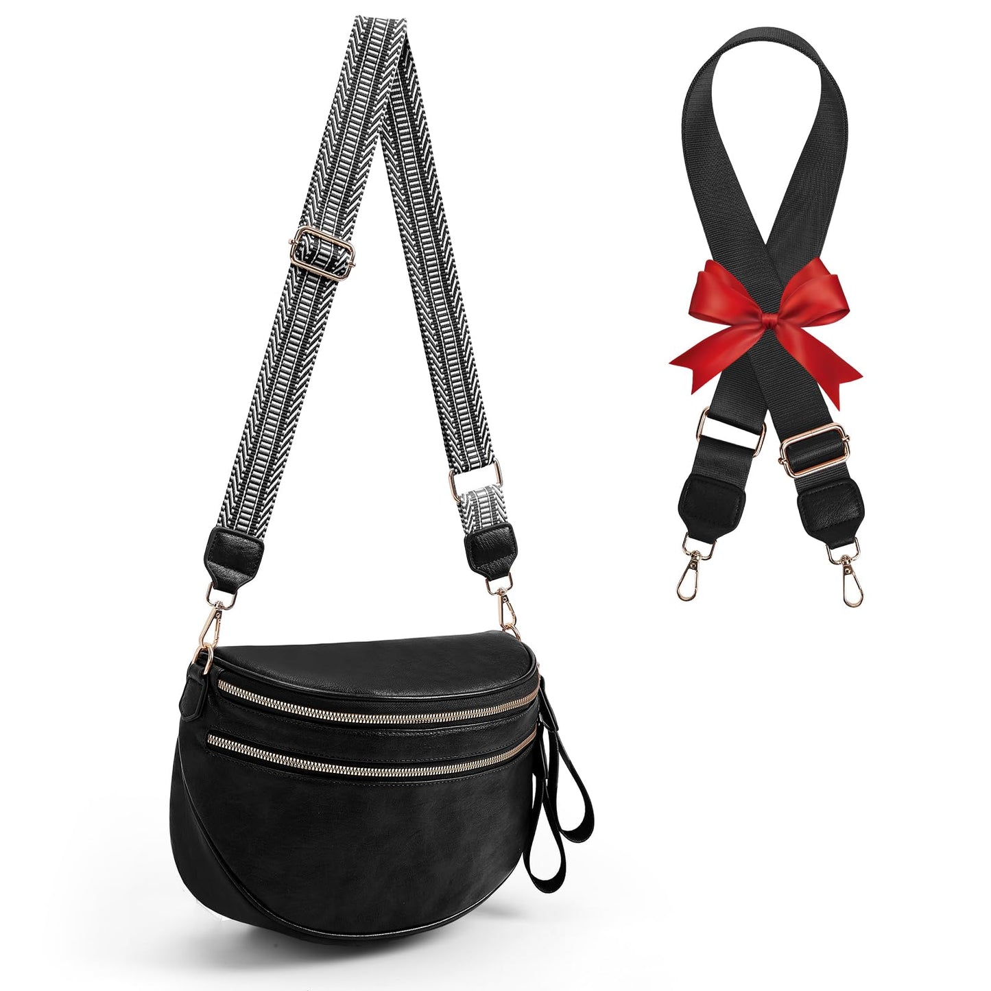 Leather Crossbody Fanny Pack Trendy Bum Bag Double Zip Multi Compartment with 2 Adjustable Straps Daily Belt Purse for Women
