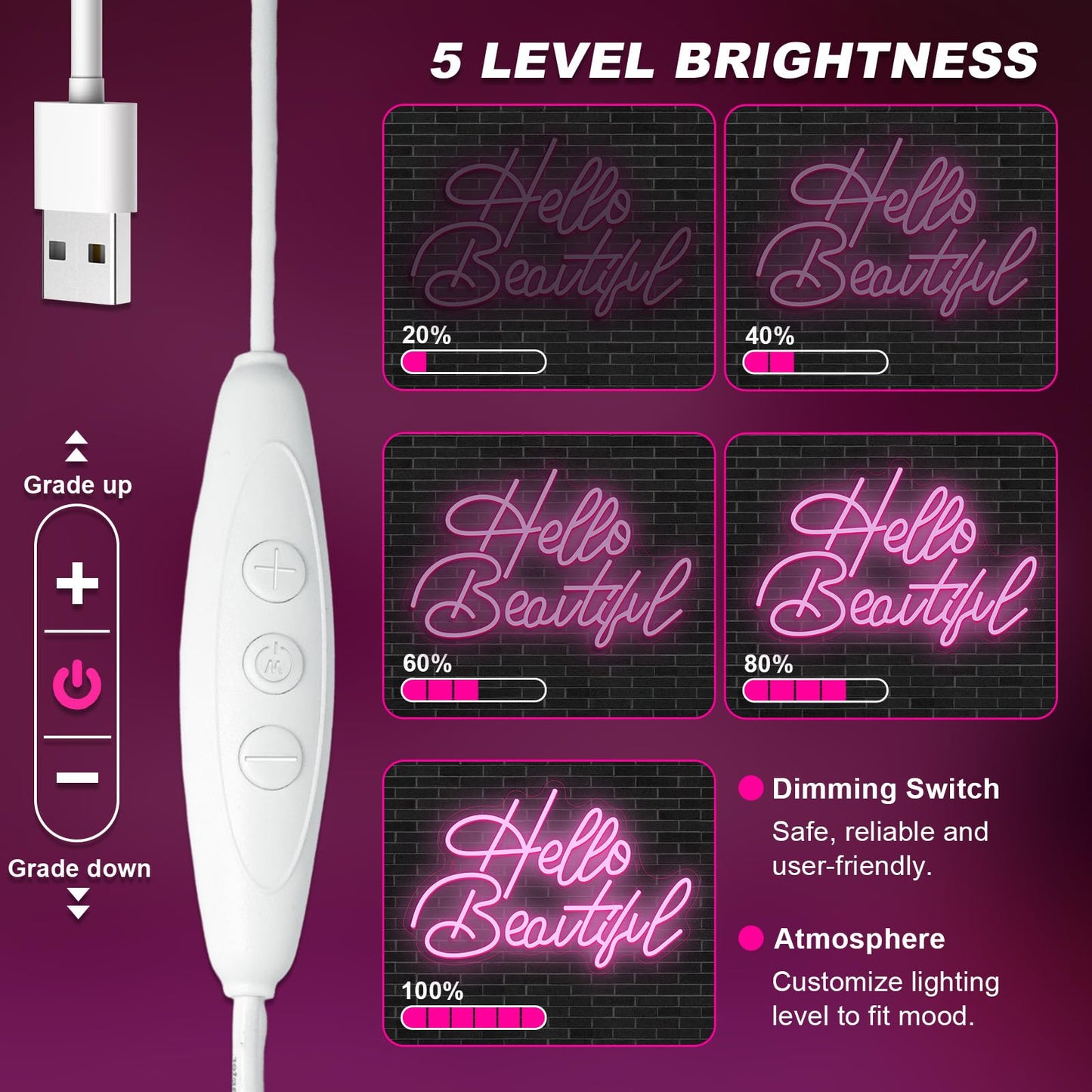 Looklight Hello Beautiul Neon Sign Wedding Neon Lights for Wall Decor Pink Led Lights Up Connectivity Wedding Engagement Birthday Party Girls Bedroom Gifts for Lovers