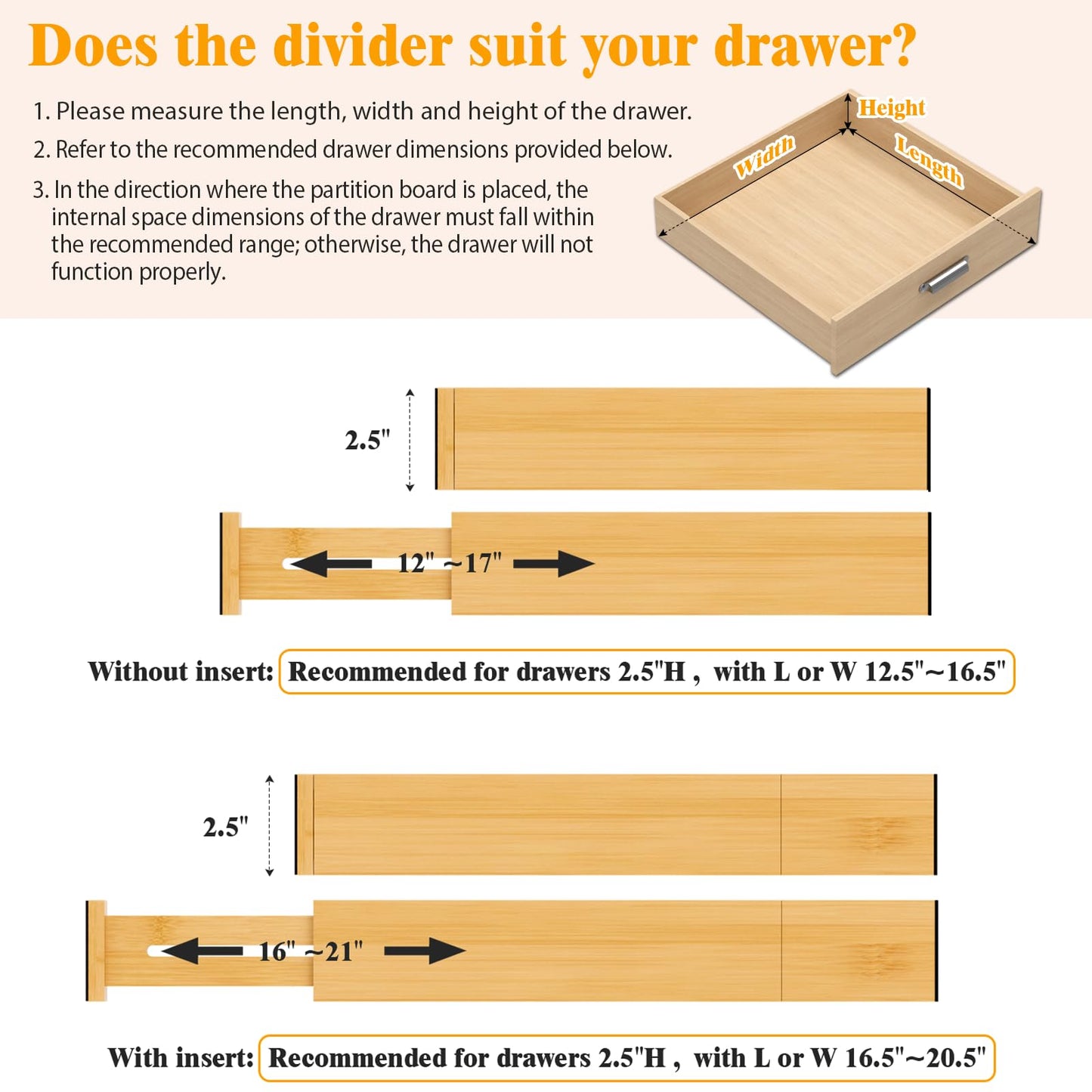 Ryqtop Bamboo Drawer Dividers,12-21" Adjustable Drawer Organizers for Clothes,Expandable Dresser Separators in Kitchen/Bedroom/Bathroom/Vanity/Office Organization and Storage,4-Pack