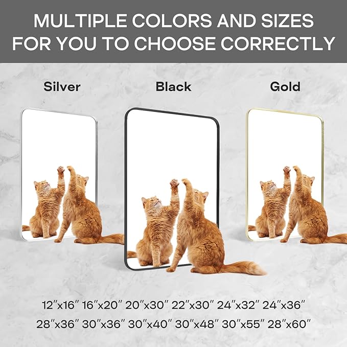 Brushed Nickel Bathroom Wall Mirror, Silver Metal Framed Large Rounded Corner Rectangle Mirror, Tempered Glass, Shatter Proof, Hangs Horizontally or Vertically (28" x 60", Silver)