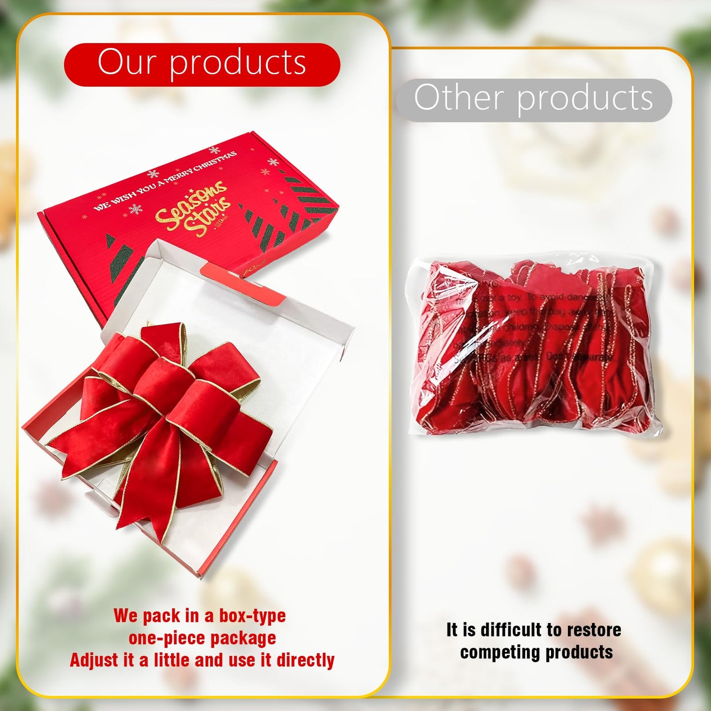 Red Velvet Christmas Bows with Gift Box, Gold Wired Red Bows for Wreath Floral, Christmas Tree Topper, Outside Bowknot Red Bow for Car Wall Garden Yard Front Door
