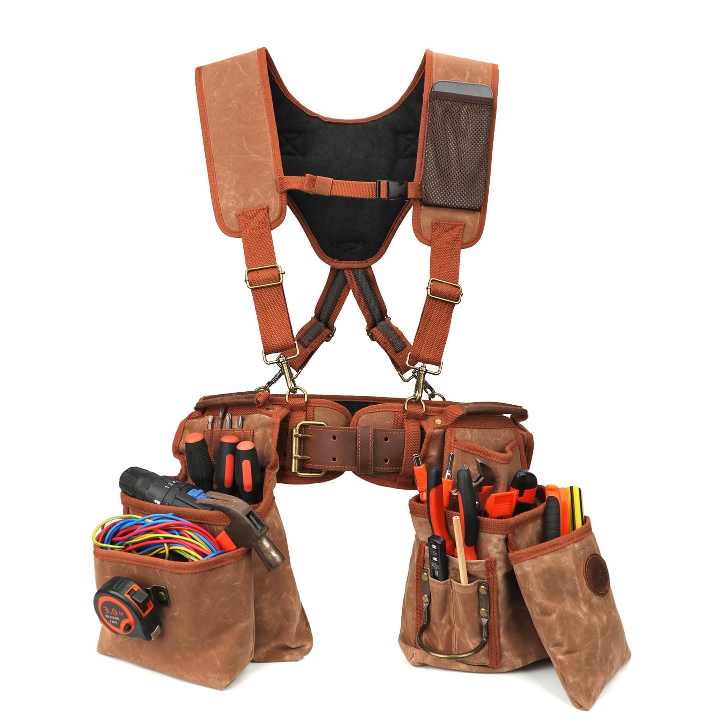 Heavy Duty Canvas Carpenter Tool Belt with Suspenders & 12 Pockets, Detachable Tool Pouch Set for Framers Construction Electricians, Padded Rig, Brown, Fits 39-46" Waist