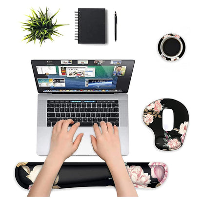 MOSISO Wrist Rest Support for Mouse Pad&Keyboard Set, Curved Peony Ergonomic Mousepad&Coaster Non-Slip Base Home/Office Pain Relief&Easy Typing Cushion with Neoprene Cloth&Raised Memory Foam, Black