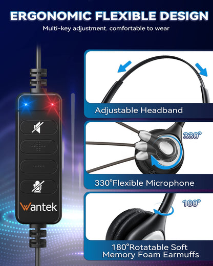Wantek Corded USB Headsets Mono with Noise Cancelling Mic and in-line Controls, UC Business Headset for Skype, SoftPhone, Call Center, Crystal Clear Chat, Super Lightweight, Ultra Comfort (UC600)