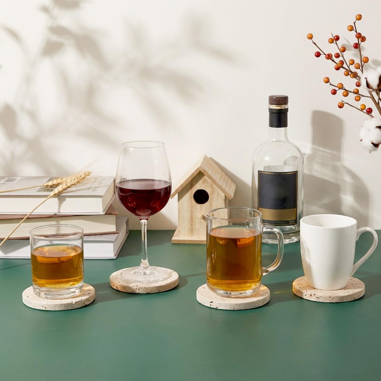 Giloaou Travertine Coasters Set of 4, Marble Absorbent Coaster with Non-Slip Cork Backing, 4'' Round Stone Drink Coasters for Home & Office - Protect Tables from Stains & Scratches