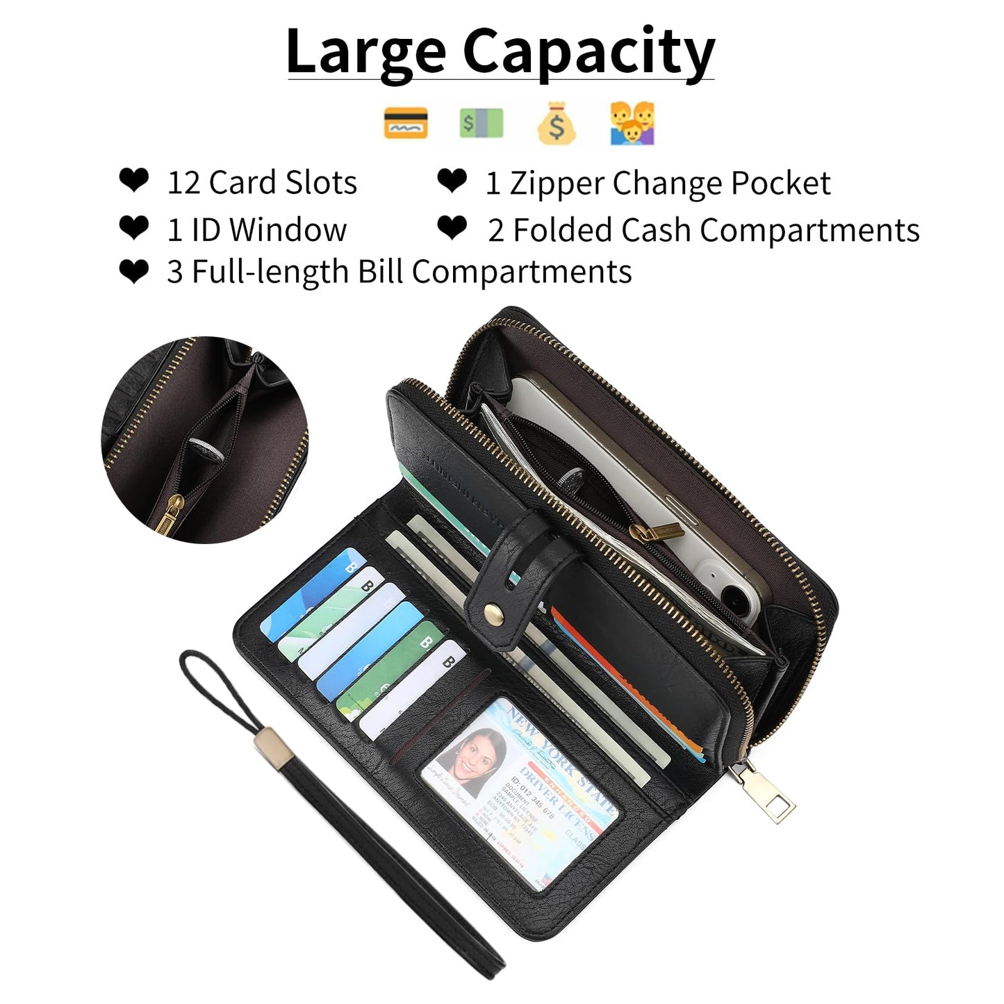 GOIACII Wristlet Wallets for Women Large Capacity RFID Blocking Ladies Phone Clutch Card Holder Black
