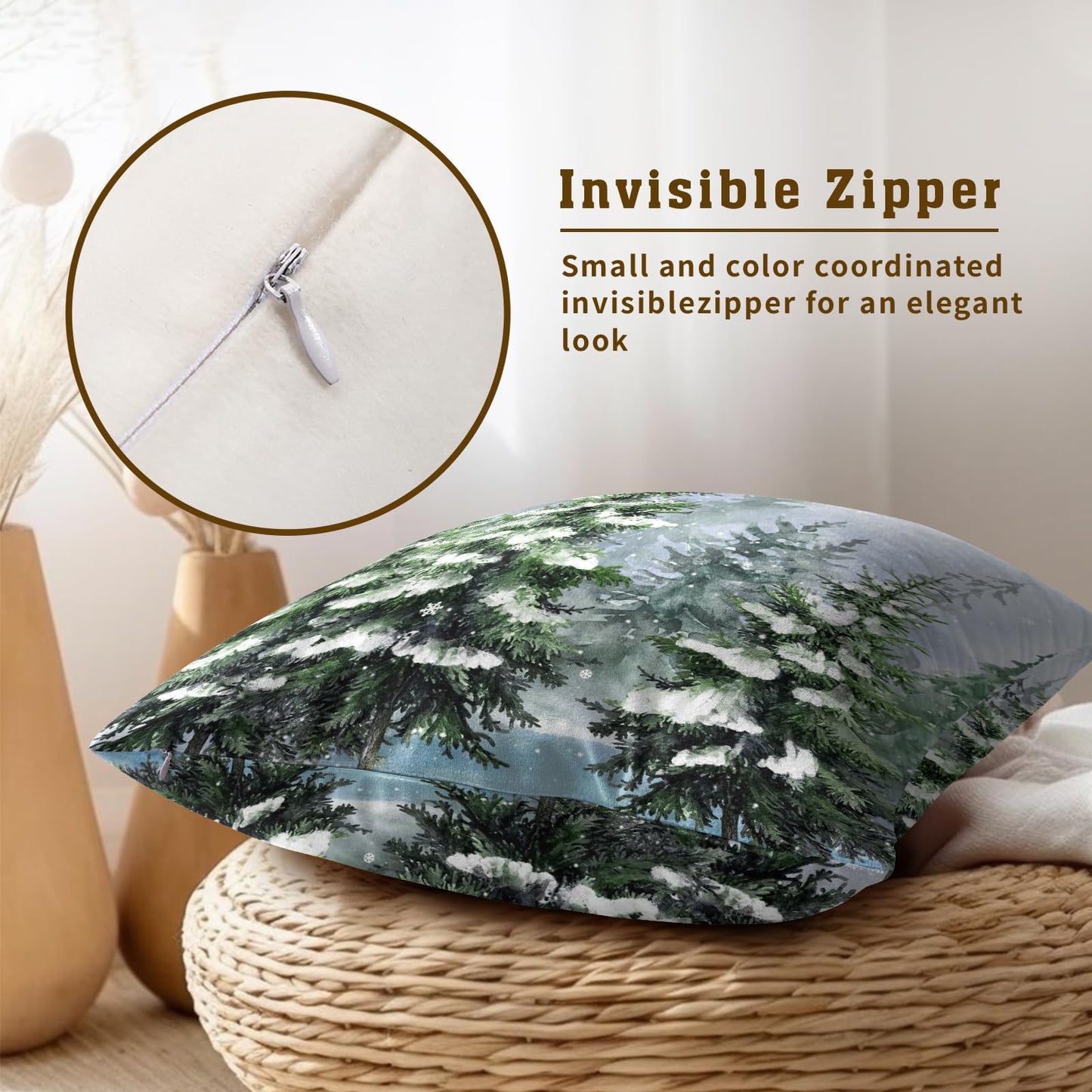 Imiss Dark Green Pine Tree Pillow Covers 18x18 Inch Set of 2 - Winter Forest Snowflake Throw Pillow Case Rustic Style Nature Decorative Cushion Cover for Christmas Holiday Living Room Sofa Bedroom