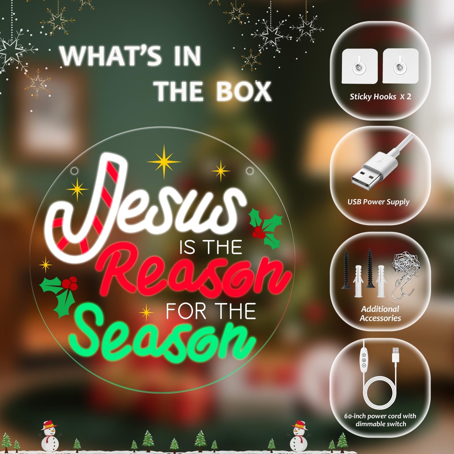 InnovTools Jesus Is the Reason for the Season Neon Sign Christmas Christian Neon Light Wall Decor, Jesus Is the Reason Acrylic LED Wall Sign, Religious Gifts Christmas Holiday Decor for Home, Window