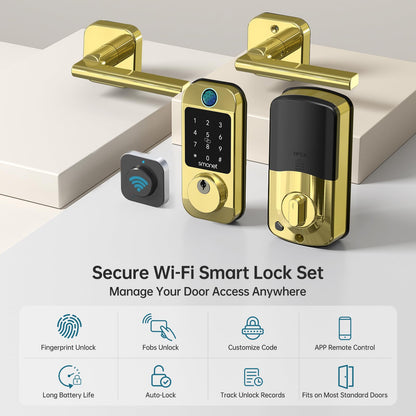 Keyless Door Lock with Handle Set - SMONET WiFi Fingerprint Smart Locks for Front Door, App Remote Control, Digital Bluetooth Keypad Deadbolt Set with Alexa, Auto Lock, Code, Fobs for Home Black
