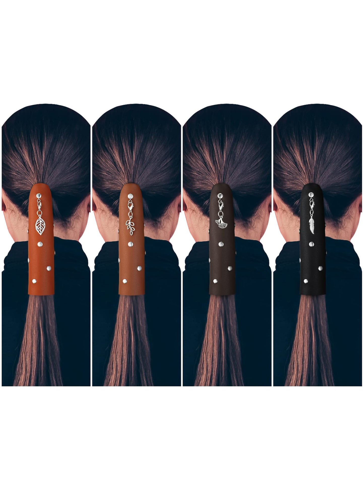 Yinkin 4 Pcs Leather Hair Wrap Motorcycle Ponytail Hair Wrap Ties for Woman PU Ponytail Holder Braided Helmet Bike Accessories (6 Inch, Black, Coffee, Brown, Reddish Brown)