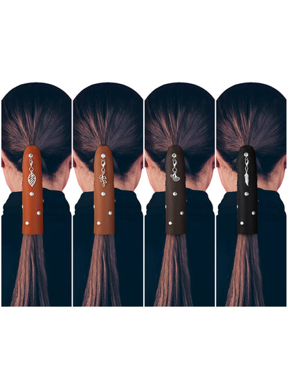 Yinkin 4 Pcs Leather Hair Wrap Motorcycle Ponytail Hair Wrap Ties for Woman PU Ponytail Holder Braided Helmet Bike Accessories (6 Inch, Black, Coffee, Brown, Reddish Brown)