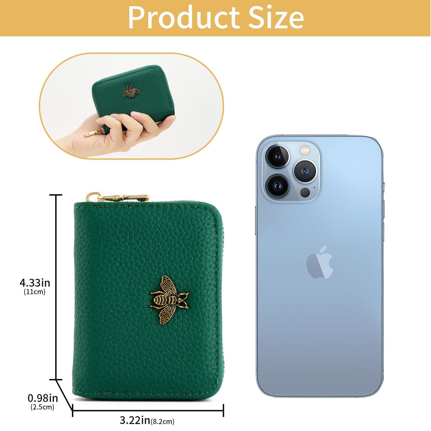 WOZEAH Leather Credit Card Holder for Women Wallet RFID Blocking Zipper Wallet Card Case Business（Green）
