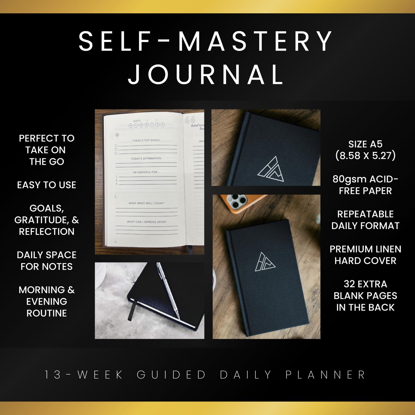 Self-Mastery Journal for Men with Prompts - 13 Week Guided Gratitude Journal - 5 Minute Journal - Reflection Manifestation Journals for Mindfulness - Self Care Journal - Goal Journal for Women & Men