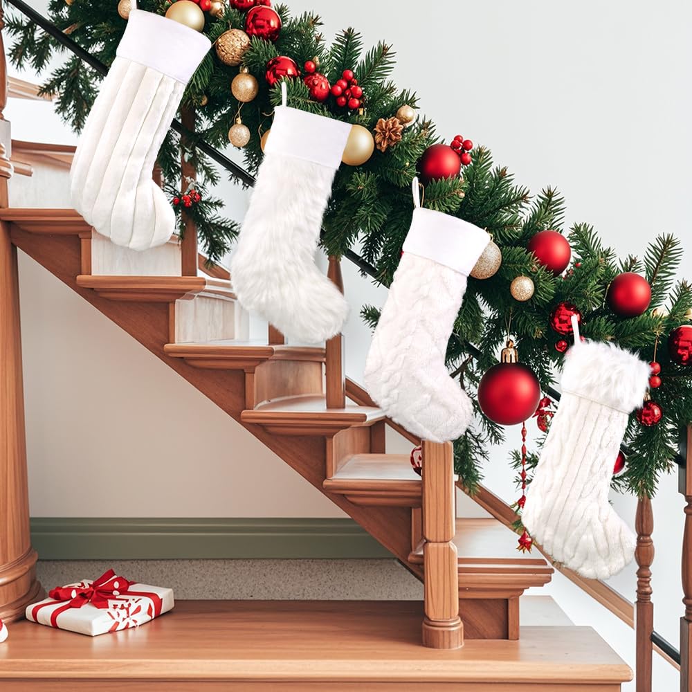 Teeanzo 4 Pcs Christmas Plush Stockings 18 Inch Large Snow White Faux Fur Xmas Stocking with 4 Styles Textured Patterns Holiday Classic Hanging Ornaments Socks for Xmas Home Party Fireplace Decor