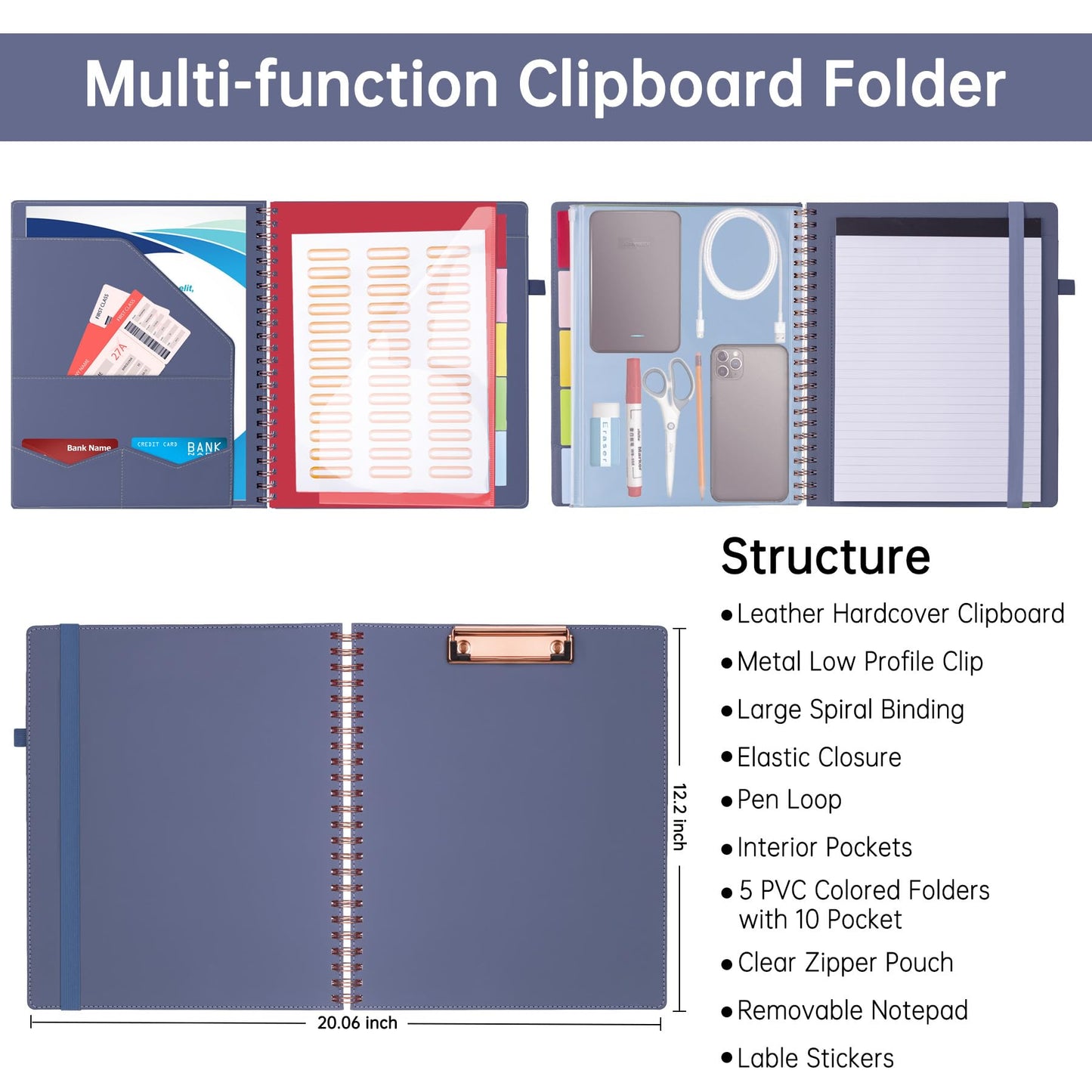 HAUTOCO Spiral Leather Clipboard Folio with Notepad (8.5 x 11''), 5 Folders with 10 Pockets, Storage Zipper Pouch, Pen Loop, 39 Stickers, Padfolio Organizer for Work School, Purple Gray