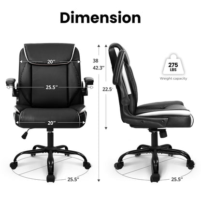 NEO CHAIR Office Desk Computer Chair Ergonomic Executive Mid-Back Leather Gaming Chair with Adjustable Flip-Up Armrests Wheels Swivel for Home Study Task (Black)