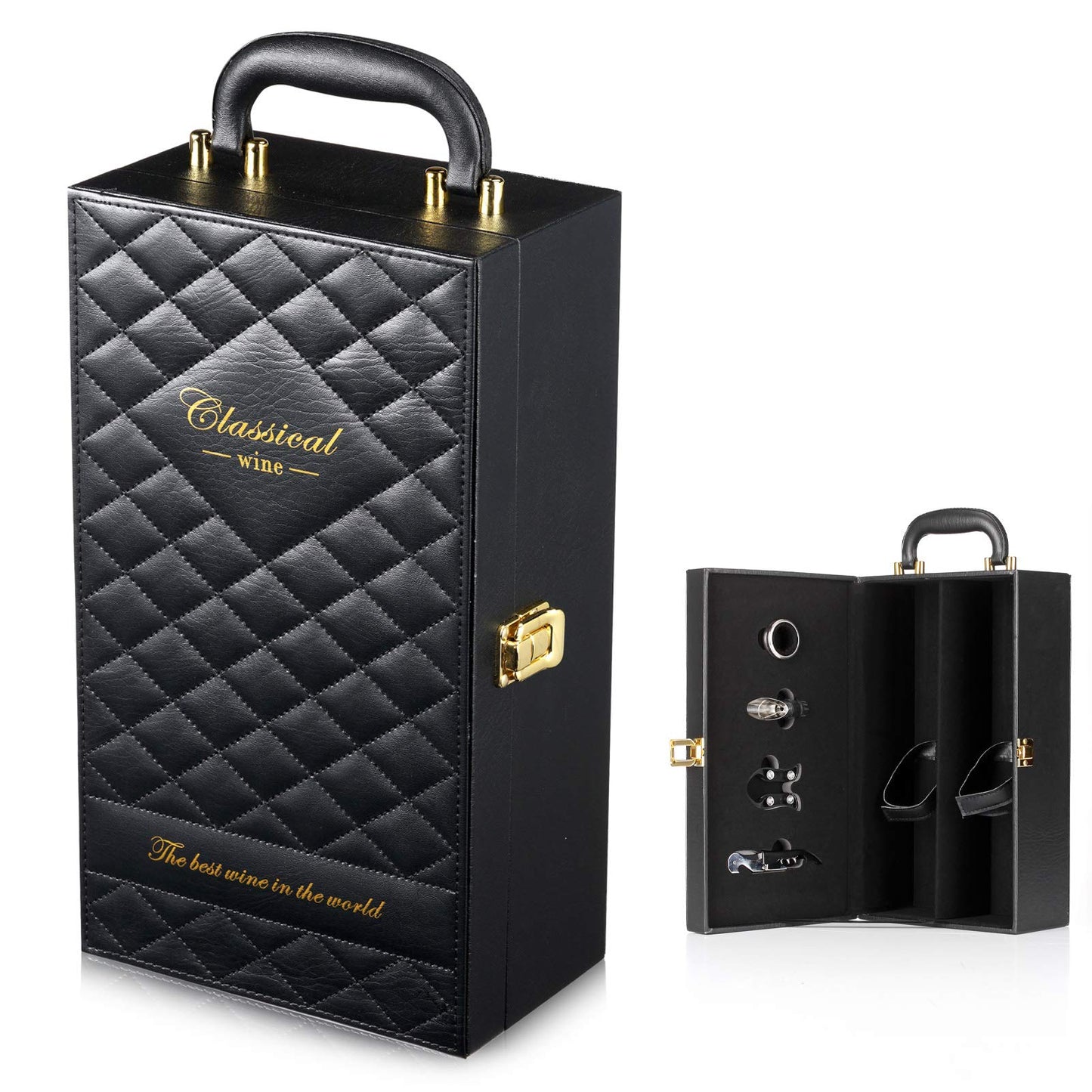 HiCrast Wine Box, 2-Bottle Leatherette Top Handle Wine Carrier Case With 4 Accessories