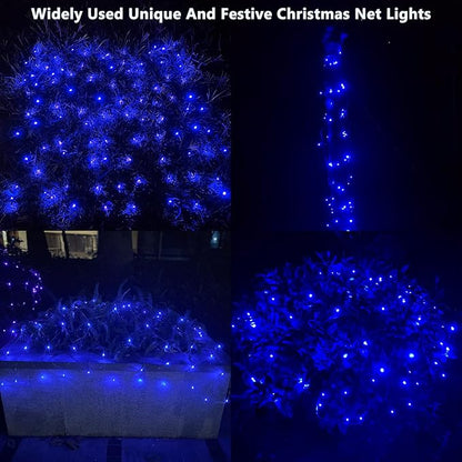 HISHINY LED Blue Christmas Net Lights Outdoor Christmas Decorations 5ftx5ft 100LED Green Wire,Connectable Outdoor Indoor Yard Mesh Shrub Net Lights String for Halloween Chritmas Party,Tree,Bush(Blue)
