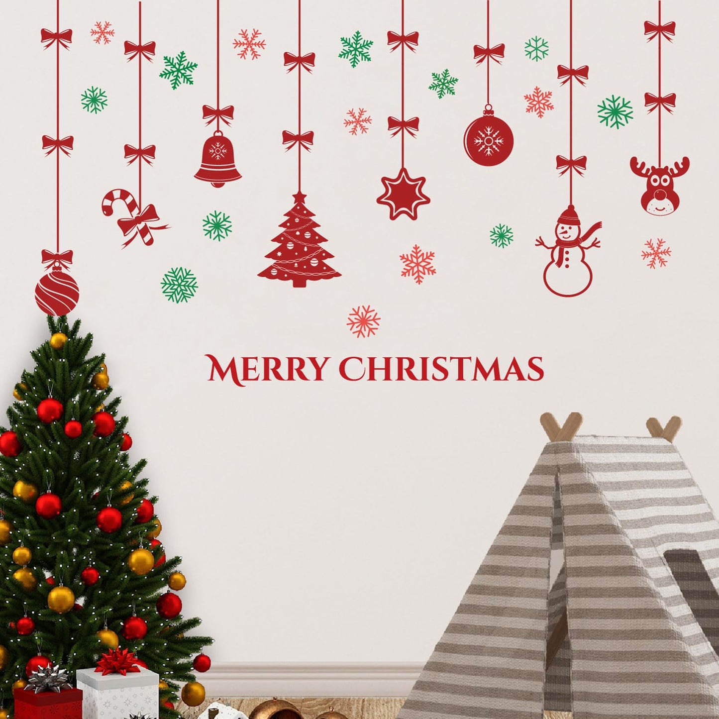 Merry Christmas Wall Decals for Bedroom-Hanging Xmas Tree Snowflake Wall Stickers for Living Room Window Door Decor-Removable Art Mural for Kids Baby Gift Nursery Decor Supplies (Red)