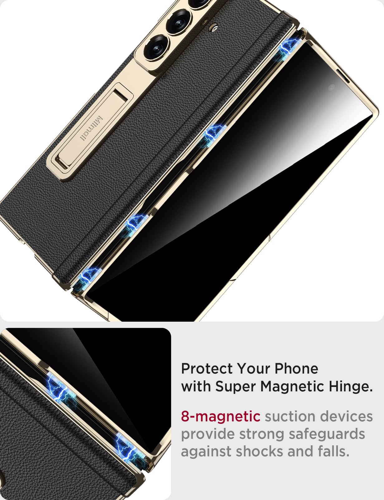 Miimall Leather Case for Samsung Galaxy Z Fold 7 with Stand,[Built-in Privacy Screen Protector and Magnetic Hinge Protection][Wireless Charging] Sturdy Luxury Bumper Cover for ZFold 7 Case Gold Black