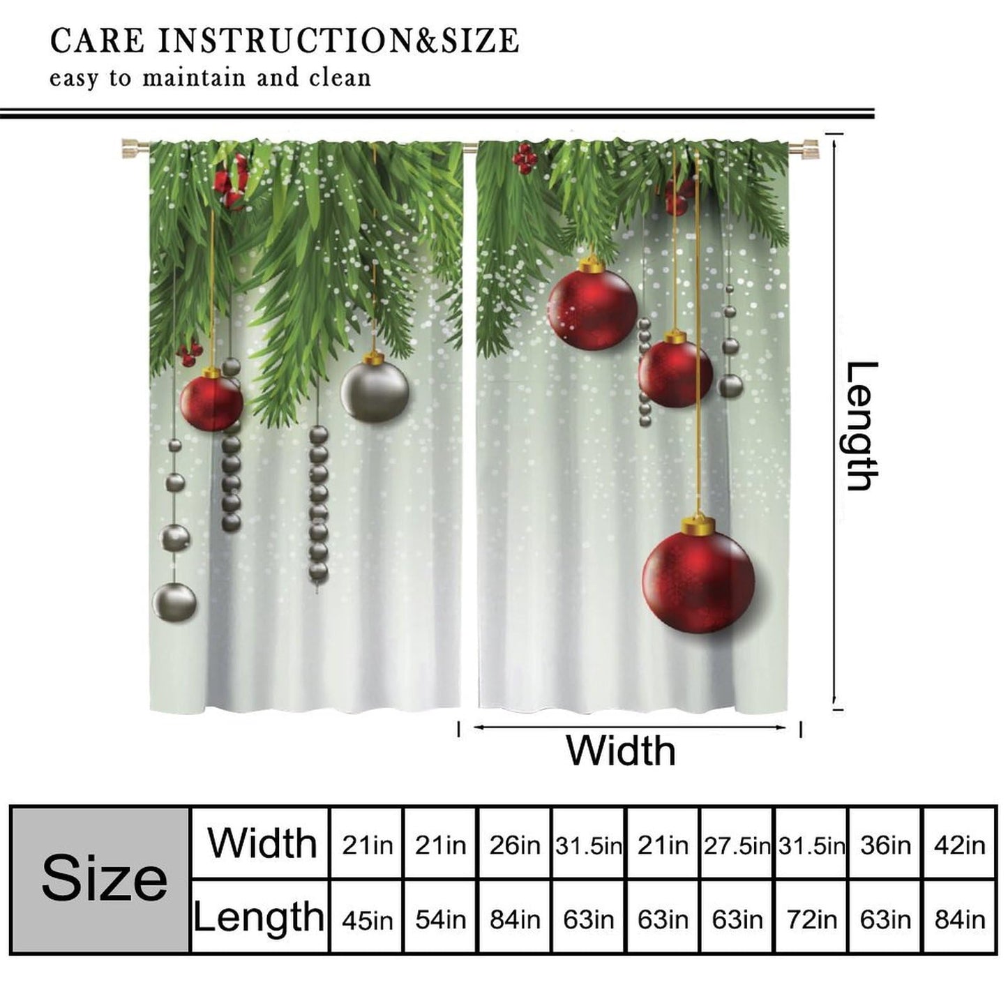Christmas Curtain Decor Ball Coniferous Pine Tree Twig Tinsel Merry Xmas Window Treatment for Living Room Bedroom Dining Home Decor Window Drapes 42" W X 45" L