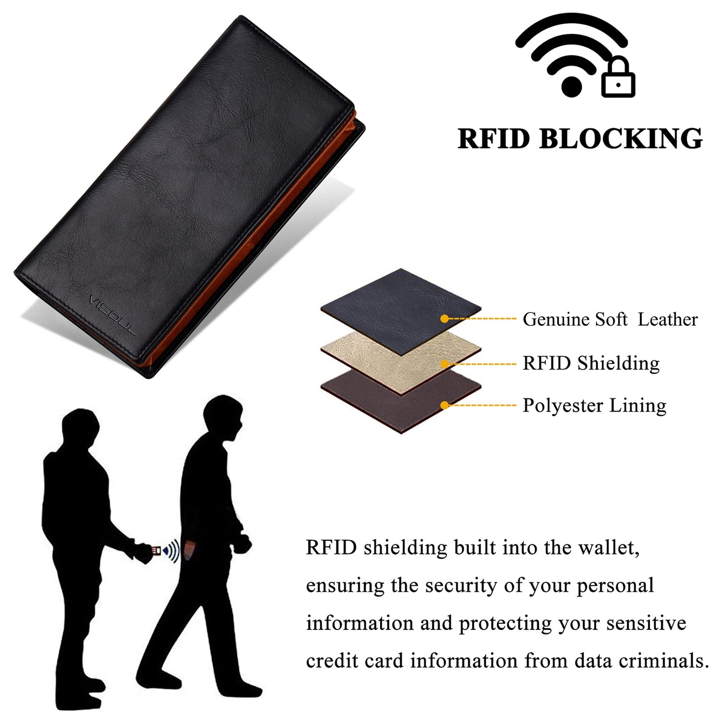 VISOUL Leather Checkbook Cover Wallet for Men with RFID Blocking, Mens Long Bifold Cash Tall Wallet with 11 Credit Card Slots 1 ID Window (Black and Orange)