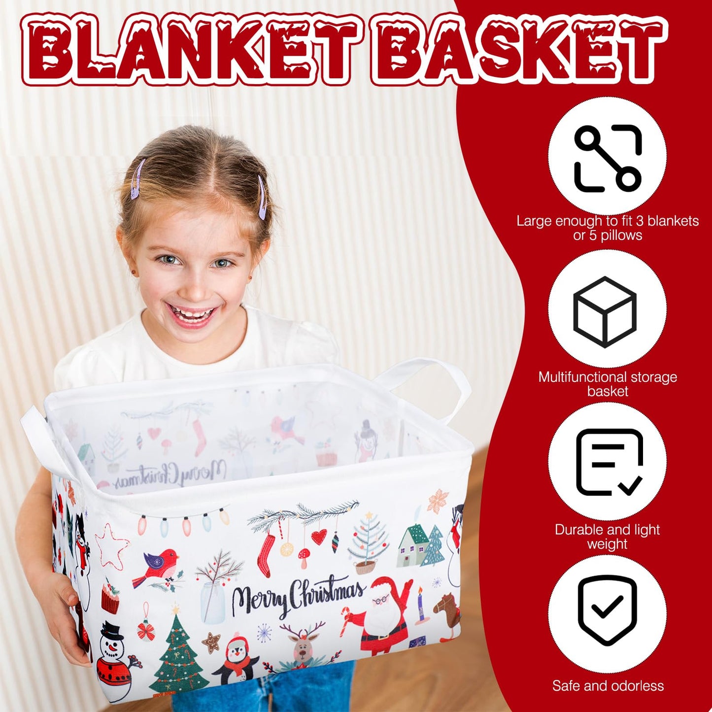 Weysat Extra Large Christmas Storage Baskets for Gifts Empty 16.5 x 12.6 x 9.8 Inch Merry Christmas Santa Storage Bin Collapsible Foldable Large Boxes with Handles Laundry Organizer for Home Bedroom