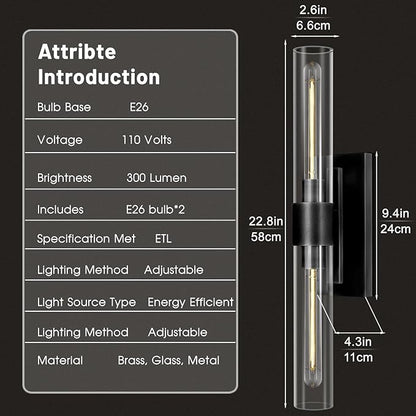 Black Wall Sconces, 22.8" Bathroom Sconces, Sconces Wall Lighting 2-Light, Bronze Wall Sconces Set of Two, Vanity Lights Tube Sconce, Glass Wall Sconce for Living Room, Bedroom, Hallway