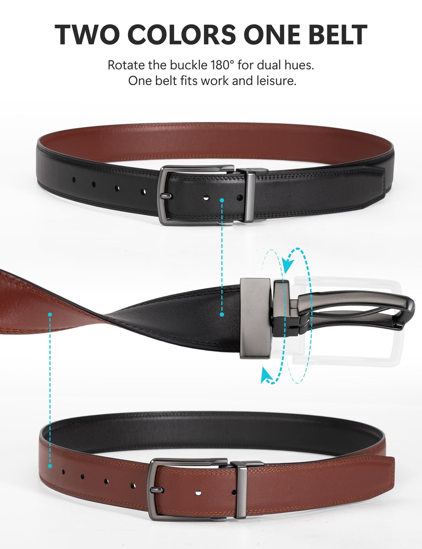 wolksprong Mens Reversible Dress Belt–2-in-1 Double Face Full Grain Leather with Swivel Buckle, No Plastic Core–Gift Box (Black+Brown, 36(Fit Pants Size 34))