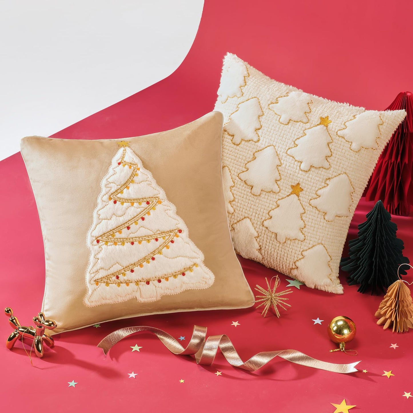 Ashler Christmas Tree Throw Pillow Covers, Plush 3D Pillow Covers, Beige, 18x18IN, Set of 2, Star Embroidered, Velvet Pillowcase with Contrast Piping, Festive Decor for Bedroom, Living Room