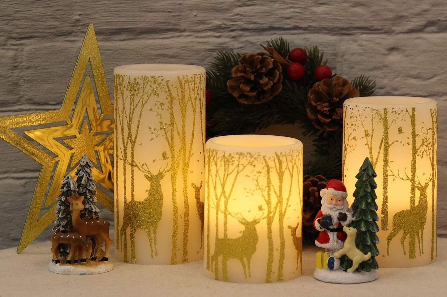 GenSwin Battery Operated Flameless Candles Flickering with 6 Hours Timer, Led Pillar Candles Deer Decal Warm Light, Real Wax Pack of 3 Christmas Home Decor