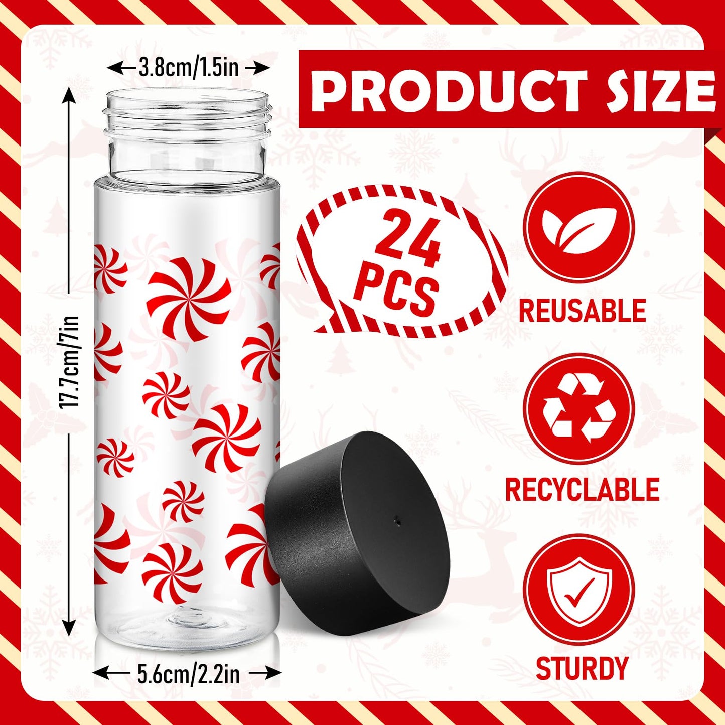FYSUIMU 24 Pcs Christmas Plastic Cups with Lids Xmas Candy Reusable Plastic Tumbler Empty Clear Drink Containers Water Bottles for Storing Smoothie Milk Tea Juice Beverages Xmas Party Favors Supplies