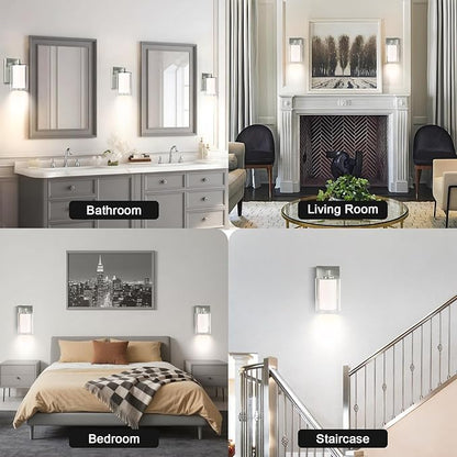 Wall Sconces Set of Two: Bathroom Sconce of 2, Silver Vanity Fixtures with Double Clear Glass Shade, E26 Base Hardwired Farmhouse Wall Lights for Bedroom Living Room Bathroom (Bulb not Included)