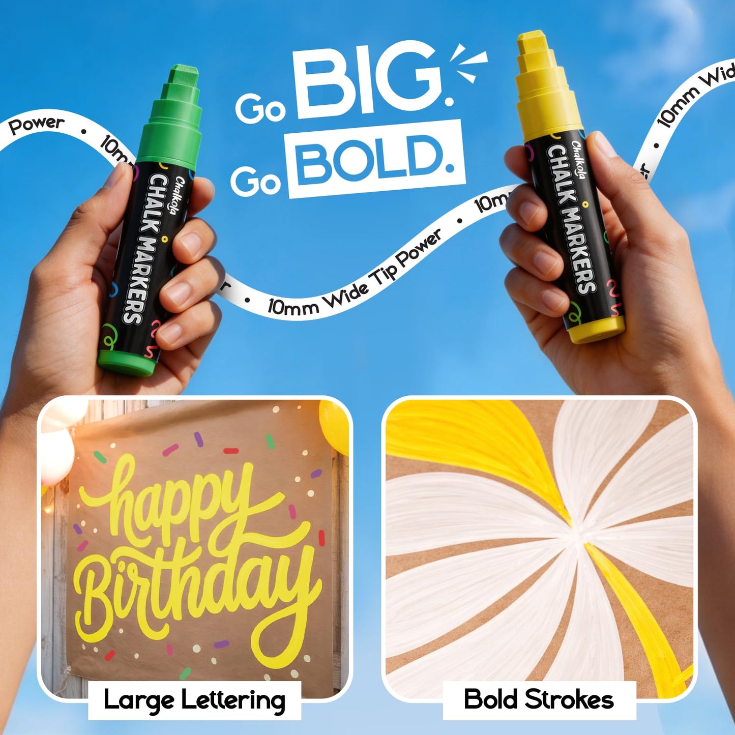 Chalkola Car Window Markers for Glass Washable - (10mm, 12 Pack w/Gold Silver) | Jumbo Liquid Chalk Markers for Blackboard, Chalkboard, Auto Mirror, Bistro Board — 3 in 1 Wide Nib Chalk Paint Pens