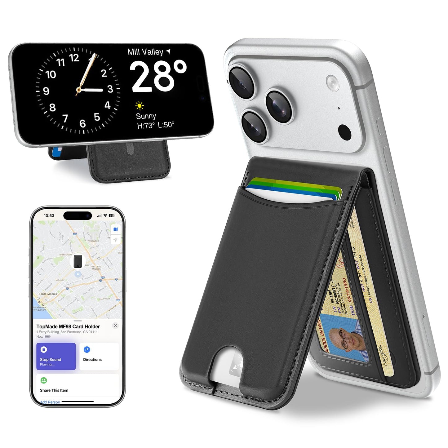 TopMade for MagSafe Wallet, Works with Apple Find My, Strongest Magnetic Wallet with Stand, 6 Card Holder, RFID Blocking, Magnetic Card Holder for iPhone 17/16/15/14/13/12 Series, Rechargeable, Black
