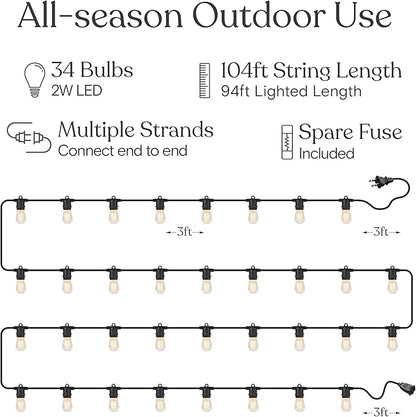 Brightech Ambience Pro 105Ft LED String Lights - 1W Commercial Grade Patio Lighting Outdoor Waterproof - Heavy Duty Dimmable Vintage Edison Porch Lights for Outside, Backyard - 34 Bulbs, Soft White